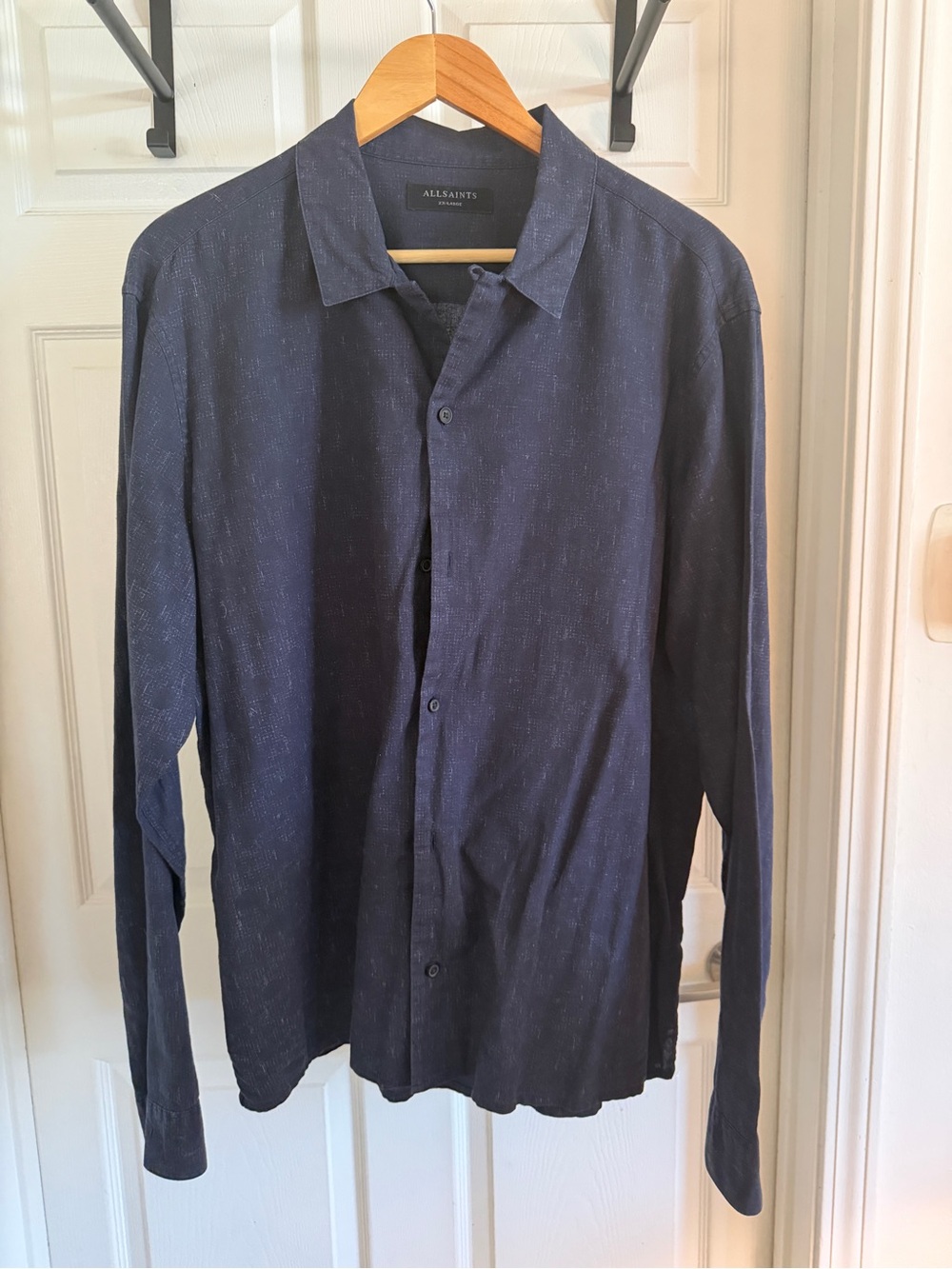 AllSaints Men's Textured Long Sleeve Blue Button Down Shirt - Size XXL